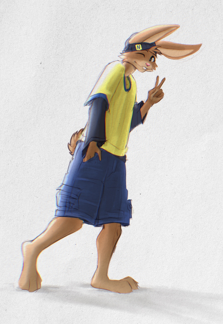 anthro barefoot beozar bottomwear brown_body brown_fur buckteeth clothed clothing digital_media_(artwork) feet fingers fur gesture hand_gesture hat headgear headwear hi_res lagomorph leporid looking_at_viewer male mammal mascot nesquik nesquik_bunny one_eye_closed rabbit shirt shorts simple_background smile solo standing tail teeth toes topwear v_sign wink