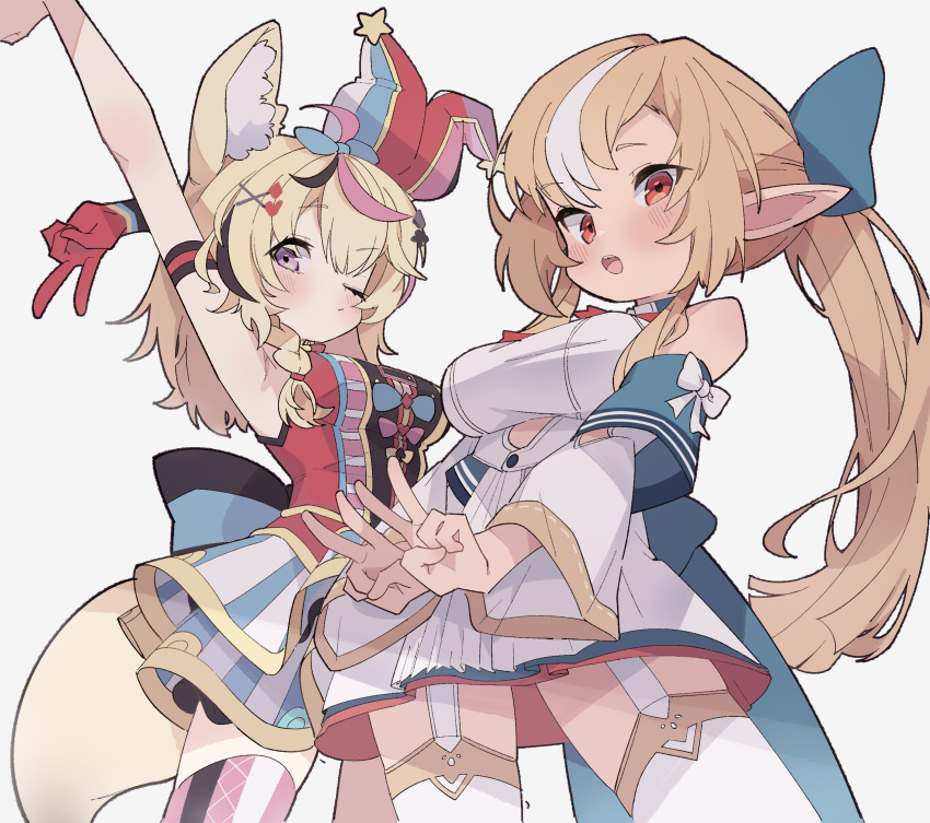 2girls animal_ear_fluff animal_ears arm_behind_back arm_up armband bare_shoulders blonde_hair blue_skirt bow breasts club_hair_ornament commentary_request detached_sleeves double_v fox_ears fox_girl fox_tail gloves hair_ornament hairbow hat highres hololive jester_cap large_breasts layered_skirt multicolored_hair multiple_girls omaru_polka one_eye_closed orange_eyes pink_hair pointy_ears ponytail purple_eyes red_gloves red_hat red_shirt shiranui_flare shirt short_hair simple_background skirt sleeveless sleeveless_shirt spade_hair_ornament streaked_hair striped_clothes striped_skirt tail thighhighs tilted_headwear tontoro_(touboiawbyozggn) v vertical-striped_clothes vertical-striped_skirt virtual_youtuber white_background white_hair white_skirt white_thighhighs