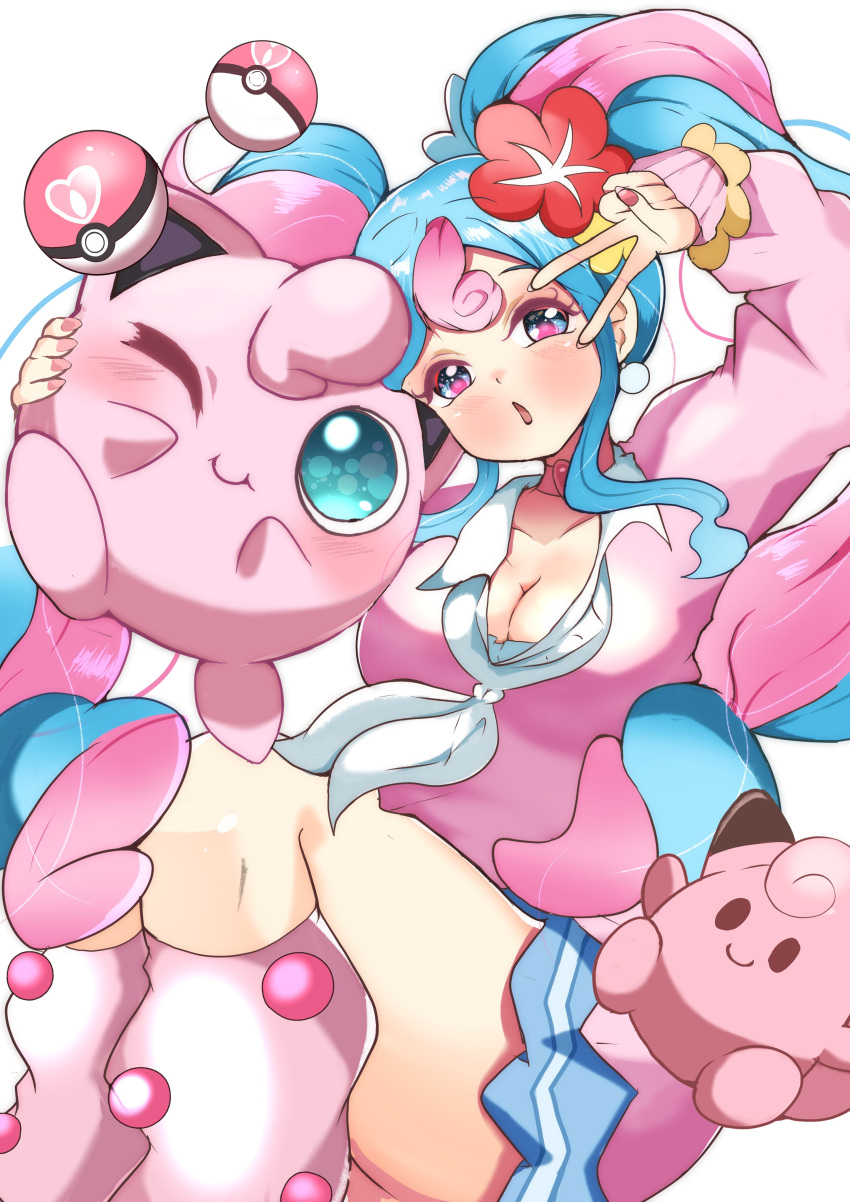 absurdres blue_eyes blue_hair blue_skirt breasts carrot_summer choker cleavage clefairy collarbone earrings fairy_miku_(project_voltage) female fingernails flower hair_flower hair_ornament hatsune_miku highres jewelry jigglypuff long_hair long_sleeves loose_socks love_ball medium_breasts miniskirt multicolored_hair nail_polish neckerchief open_mouth pink_choker pink_hair pink_nails pink_sweater poke_ball pokemon pokemon_(creature) project_voltage red_flower simple_background skirt sleeves_past_wrists socks stuffed_toy sweater twintails two-tone_hair v vocaloid white_background white_neckerchief white_socks yellow_flower