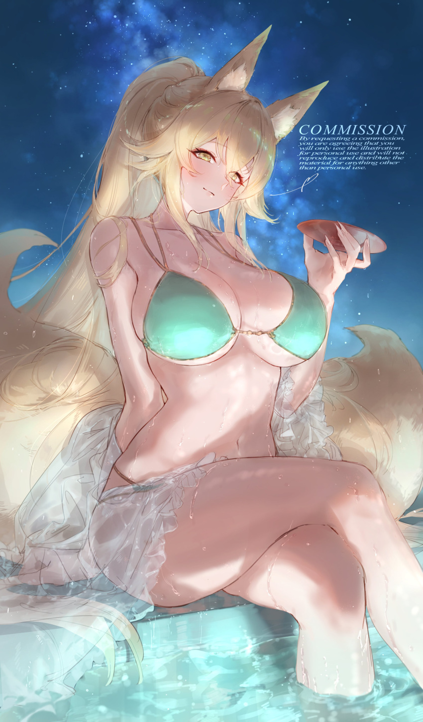 absurdres animal_ear_fluff animal_ears bikini blonde_hair blush breasts cleavage closed_mouth crossed_legs cup eshineko female fox_ears fox_girl fox_tail green_bikini hair_between_eyes highres holding holding_cup large_breasts long_hair looking_at_viewer multiple_tails navel night night_sky original outdoors ponytail sakazuki sitting sky solo suirin_(tukikagerou) swimsuit tail thighs water yellow_eyes