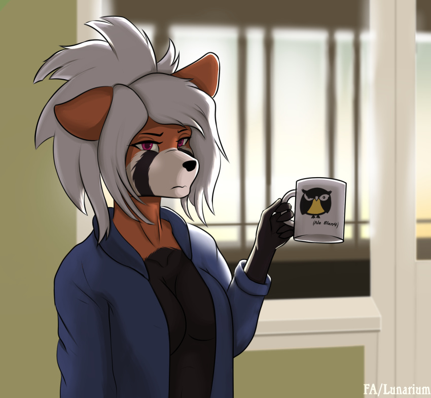 ailurid anthro bathrobe clothing container cup female hair hi_res hibi(kamikas) lunarium mammal morning purple_eyes red_panda robe simple_background solo white_hair