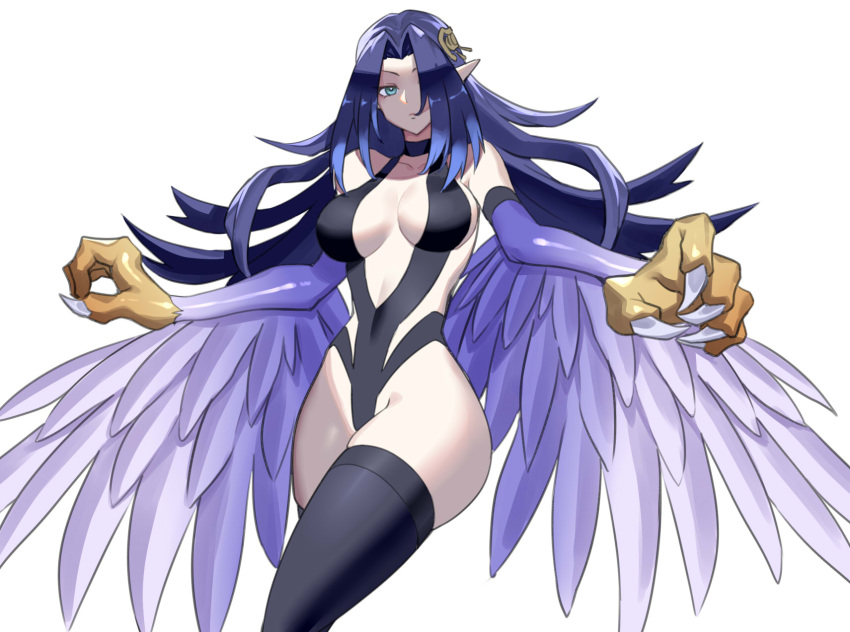 bare_shoulders black_one-piece_swimsuit black_thighhighs blue_eyes blue_hair breasts claws collarbone cowboy_shot duel_monster female hair_over_one_eye harpie_regina highres large_breasts long_hair one-piece_swimsuit pointy_ears skindentation solo swimsuit talons thighhighs ukimukai winged_arms wings yu-gi-oh!_rush_duel