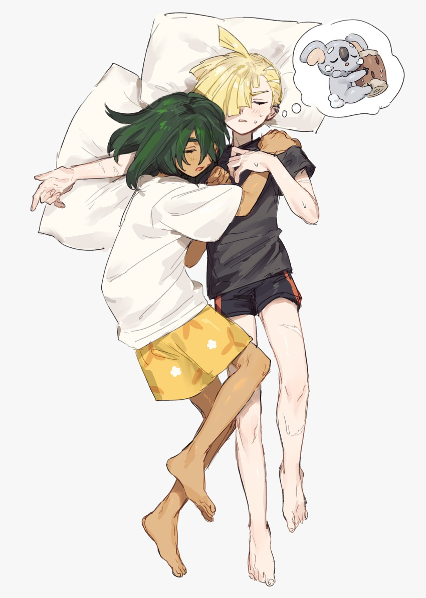 barefoot black_shirt black_shorts blonde_hair closed_eyes dark-skinned_male dark_skin fua1heyvot4ifsr gladion_(pokemon) green_hair grey_background hair_between_eyes hair_over_one_eye hau_(pokemon) highres hug komala lying multiple_boys on_back on_side orange_shorts pillow pokemon pokemon_(creature) pokemon_sm shirt shorts sleeping sweat white_shirt yaoi