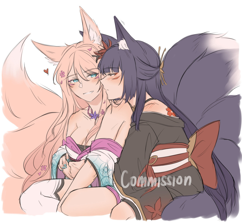 2girls animal_ears back_bow black_hair black_kimono blue_eyes blue_nails blush bow breasts cleavage closed_mouth commentary commission copyright_request flower fox_ears fox_girl fox_tail hair_flower hair_ornament highres japanese_clothes jewelry kimono kitsune kyuubi large_breasts long_hair mole mole_under_eye multiple_girls multiple_tails necklace obi off_shoulder parted_lips pink_flower pink_hair sash shoulder_blush simple_background smile tail thighhighs white_background white_thighhighs yurenn yuri