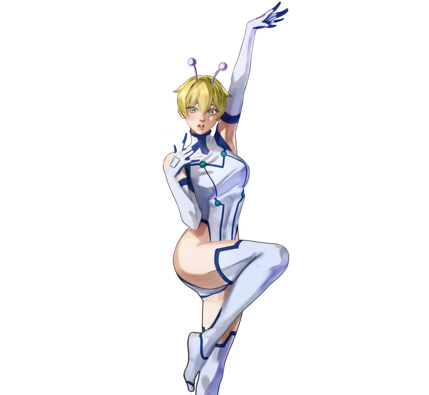 absurdres alien antennae arm_up ava_chi27 bamora_(dandadan) blonde_hair boots commentary dandadan elbow_gloves female foot_out_of_frame foot_up gloves green_eyes hair_between_eyes highleg highleg_leotard highres leotard lips looking_at_viewer open_hands open_mouth pink_lips short_hair solo standing standing_on_one_leg thigh_boots turtleneck turtleneck_leotard white_background white_footwear white_gloves white_leotard