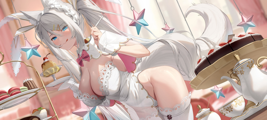 :q absurdres animal_ears blue_eyes bow bowtie breasts cake capelet cleavage closed_mouth dutch_angle eyes_visible_through_hair fake_animal_ears female food fox_ears hairband highleg highleg_leotard highres illian-san lace_trim large_breasts leotard long_hair looking_at_viewer meridian_project mizuki_(vtuber) pelvic_curtain playboy_bunny rabbit_ears see-through_clothes sidelocks smile solo strapless strapless_leotard thighhighs thighs tiered_tray tongue tongue_out twintails very_long_hair virtual_youtuber white_capelet white_hair white_leotard white_thighhighs wrist_cuffs