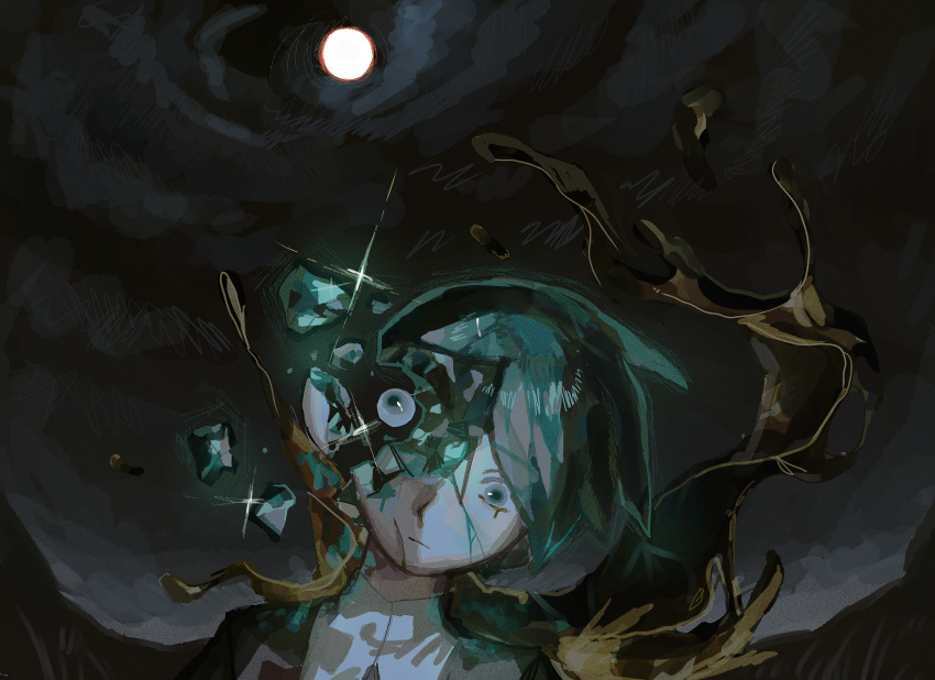 1other androgynous aqua_eyes aqua_hair black_shirt breaking closed_mouth cloud cloudy_sky collared_shirt commentary_request cracked_skin crystal_hair expressionless eyeball film_grain floating_hair full_moon gem_uniform_(houseki_no_kuni) glint gold grass highres houseki_no_kuni leaning_to_the_side looking_down molten_metal moon moonlight night other_focus outdoors phosphophyllite portrait shirt short_hair sky whale_daisuki