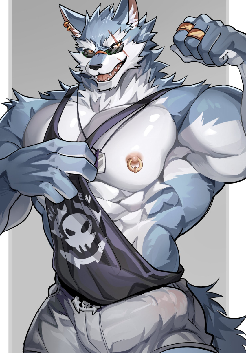 1boy abs animal_ears ao_(chung0u0) bara black_shirt black_tank_top bulge dislyte dog_tags earrings english_commentary fangs flexing freddy_(fenrir)_(dislyte) furry furry_male grey_shorts highres jewelry looking_at_viewer male_focus multiple_rings muscular muscular_male necklace nipple_piercing nipples open_mouth pectorals piercing ring scar scar_across_eye shirt shorts sleeveless sleeveless_shirt sunglasses tank_top wolf_boy wolf_ears wolf_girl yellow_eyes