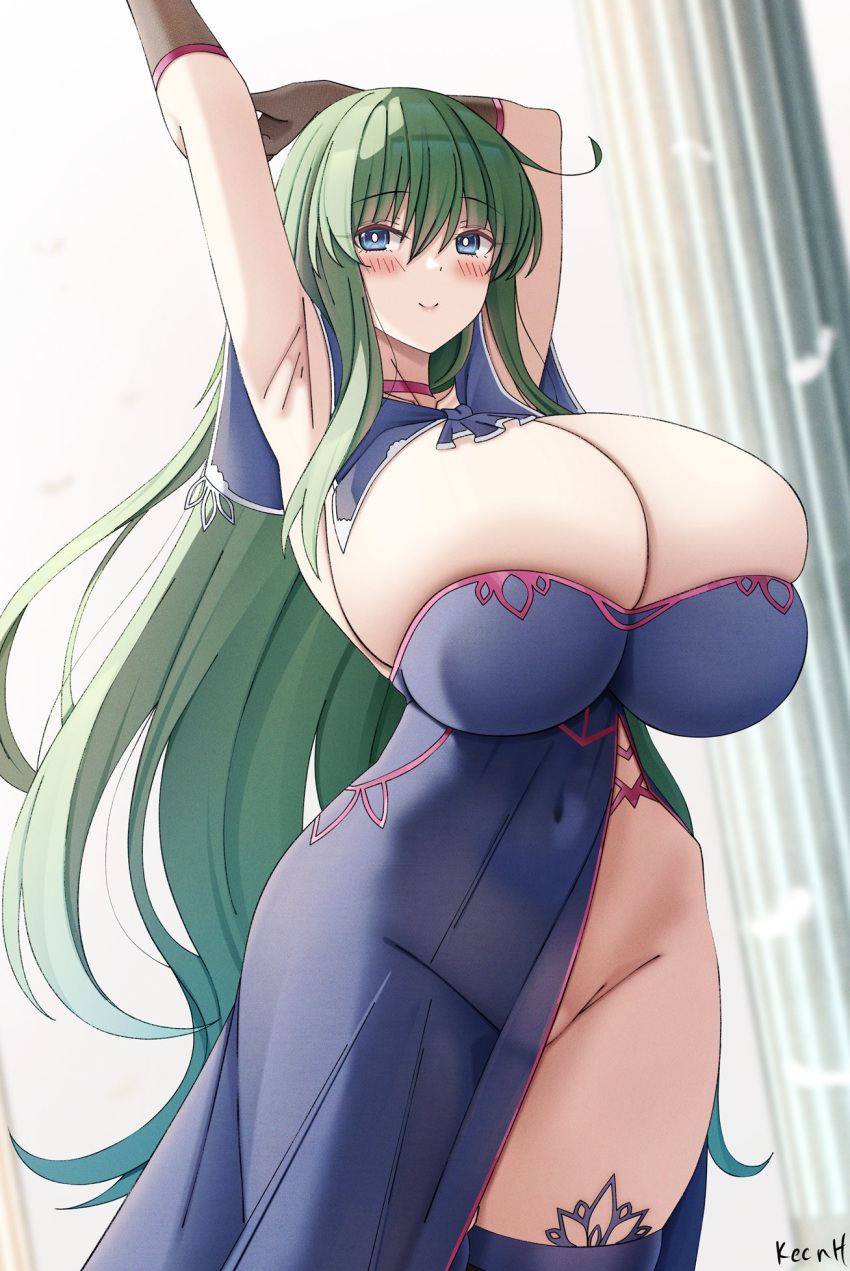 armpits black_gloves blue_dress blue_eyes blurry blush breasts cleavage closed_mouth curvy dress female gloves green_hair hair_between_eyes highres huge_breasts keenh long_hair original see-through_clothes see-through_dress smile solo standing stretching undersized_clothes very_long_hair