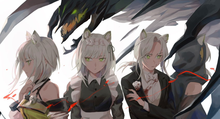 4girls alternate_costume animal_ear_fluff animal_ears arknights bare_shoulders black_dress black_jacket black_ribbon blazer blood blood_on_clothes bright_pupils buttons closed_mouth cmayo_ark collared_dress commentary dress ears_through_hood english_commentary enmaided expressionless flower frills green_eyes hair_ribbon halterneck hand_on_own_arm hand_on_own_chest highres holding holding_stethoscope hood hood_up jacket kal'tsit_(arknights) lapels long_sleeves looking_ahead looking_to_the_side maid maid_headdress medium_hair mon3tr_(arknights) multiple_girls multiple_persona off_shoulder profile ribbon rose shirt short_hair sideways_glance simple_background stethoscope upper_body white_background white_flower white_hair white_pupils white_rose white_shirt