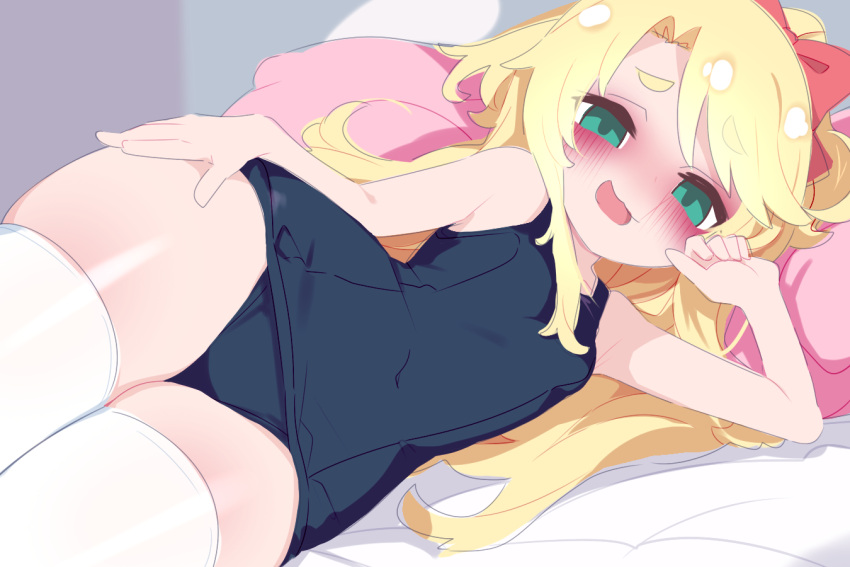 armpit_crease blonde_hair blue_one-piece_swimsuit blush bow covered_navel cowboy_shot curtained_hair elbow_rest feet_out_of_frame female flat_chest furrowed_brow green_eyes hairbow hand_on_own_thigh head_rest head_tilt hikimayu himesaka_noa indoors kukuchi581 long_hair looking_at_viewer lying on_bed on_side one-piece_swimsuit open_mouth parted_bangs petite pillow pink_pillow ponytail purple_background red_bow school_swimsuit short_eyebrows solo swimsuit thick_thighs thighhighs thighs watashi_ni_tenshi_ga_maiorita! white_thighhighs