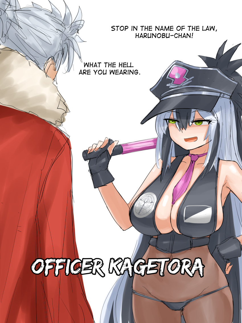 1boy absurdres bikini black_bikini black_gloves black_hair breasts character_request fate/grand_order fate_(series) female gloves green_eyes hat highres long_hair multicolored_hair nagao_kagetora_(fate) necktie police_hat sessyoin_kiara sessyoin_kiara_(swimsuit_mooncancer) sessyoin_kiara_(swimsuit_mooncancer)_(second_ascension) steamingtofu swimsuit takeda_shingen_(fate) traffic_baton two-tone_hair white_hair