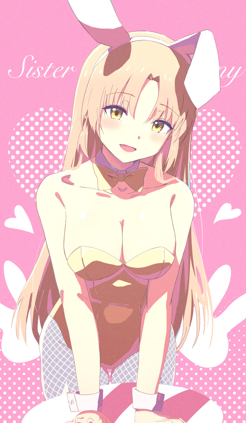 :d absurdres animal_ears arm_support bare_shoulders bow bowtie breasts brown_bow brown_bowtie brown_leotard character_name cleavage female fishnet_pantyhose fishnets grey_pantyhose hairband highres large_breasts leaning_forward leotard light_brown_hair long_hair looking_at_viewer misaki_nonaka nijisanji pantyhose parted_bangs pink_background playboy_bunny polka_dot polka_dot_background rabbit_ears sister_claire smile solo strapless strapless_leotard very_long_hair virtual_youtuber white_hairband wrist_cuffs yellow_eyes