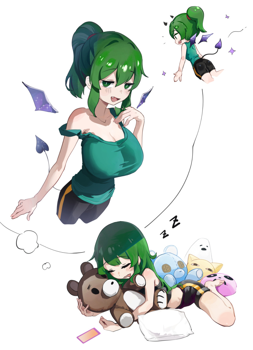 alternate_breast_size bare_shoulders barefoot black_shorts breasts demon_girl demon_tail demon_wings dreaming female green_eyes green_hair green_tank_top highres igarashi_futaba_(shiromanta) large_breasts midriff mo0o0rae oerba_yun_fang open_mouth pillow senpai_ga_uzai_kouhai_no_hanashi shorts simple_background sleeping small_breasts smile solo strap_slip stuffed_animal stuffed_toy tail tank_top teddy_bear white_background wings zzz