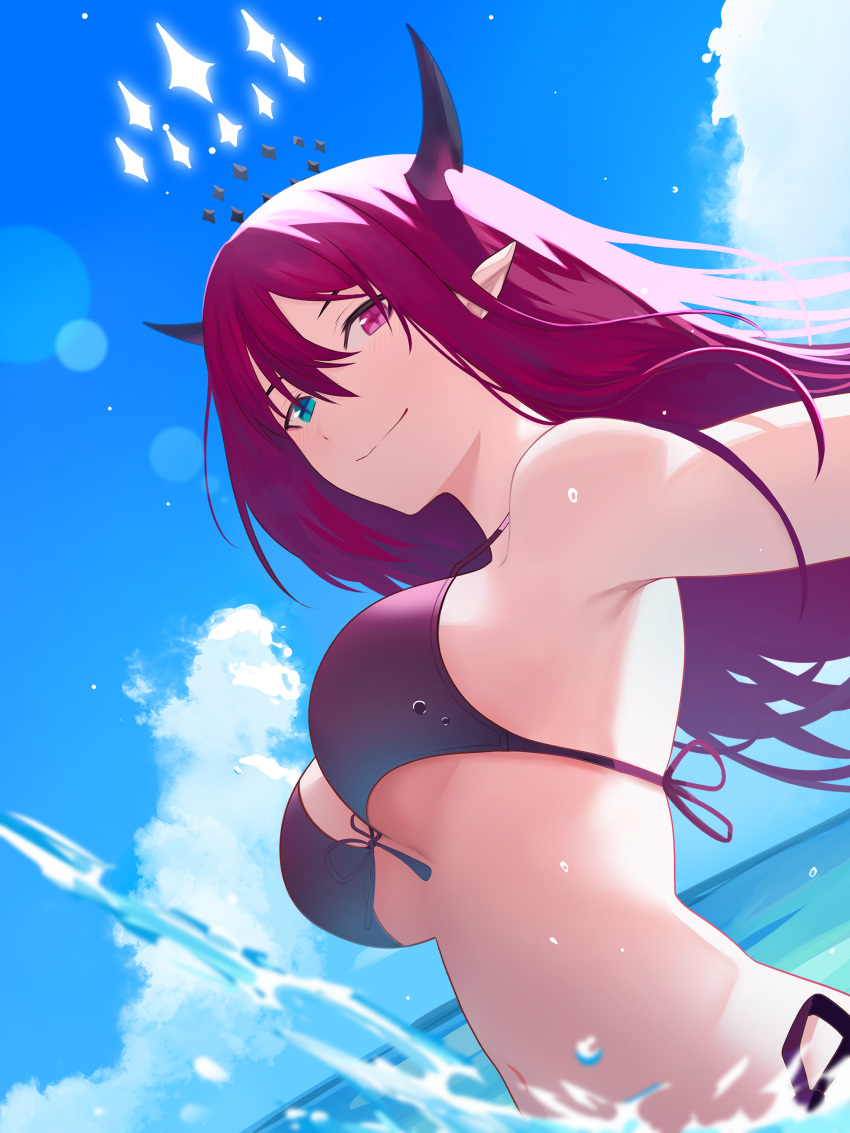 absurdres bare_shoulders bikini black_bikini blue_eyes blue_sky breasts closed_mouth cloud cloudy_sky commentary cowboy_shot day dot_nose female front-tie_top hair_between_eyes heterochromia highres hololive hololive_english horizon horns irys_(hololive) lens_flare long_hair looking_at_viewer ocean outdoors outstretched_arm partially_submerged pink_eyes purple_hair si_farid side-tie_bikini_bottom sky smile solo straight_hair string_bikini swimsuit virtual_youtuber water