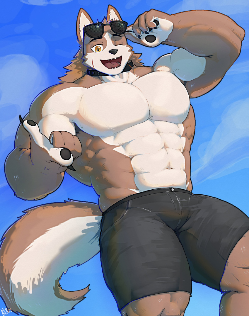 1boy abs absurdres animal_ears artist_name bara black_collar black_shorts blue_sky bluebeary_sed claws cloud collar dog_boy dog_ears dog_tail english_commentary fangs furry furry_male highres indie_virtual_youtuber looking_at_viewer male_focus muscular muscular_male navel one_eye_closed open_mouth oscar_(vtuber) pawpads pectorals pointing pointing_at_viewer scar scar_on_cheek scar_on_face shorts sky sunglasses tail topless_male