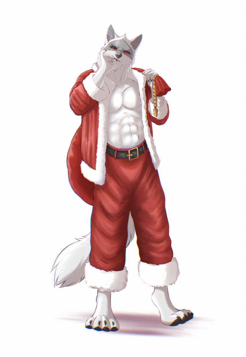 4_toes abs anthro barefoot beozar canid canine canis christmas christmas_clothing cigarette cigarette_in_mouth clothed clothing coat costume death_(puss_in_boots) digital_media_(artwork) digitigrade dreamworks feet fingers fur hi_res holding_cigarette holding_object holidays looking_at_viewer male mammal markings muscular muscular_anthro muscular_male object_in_mouth open_clothing open_coat open_topwear pecs puss_in_boots_(franchise) red_eyes santa_coat santa_costume simple_background smoking solo standing tail toes topwear wolf