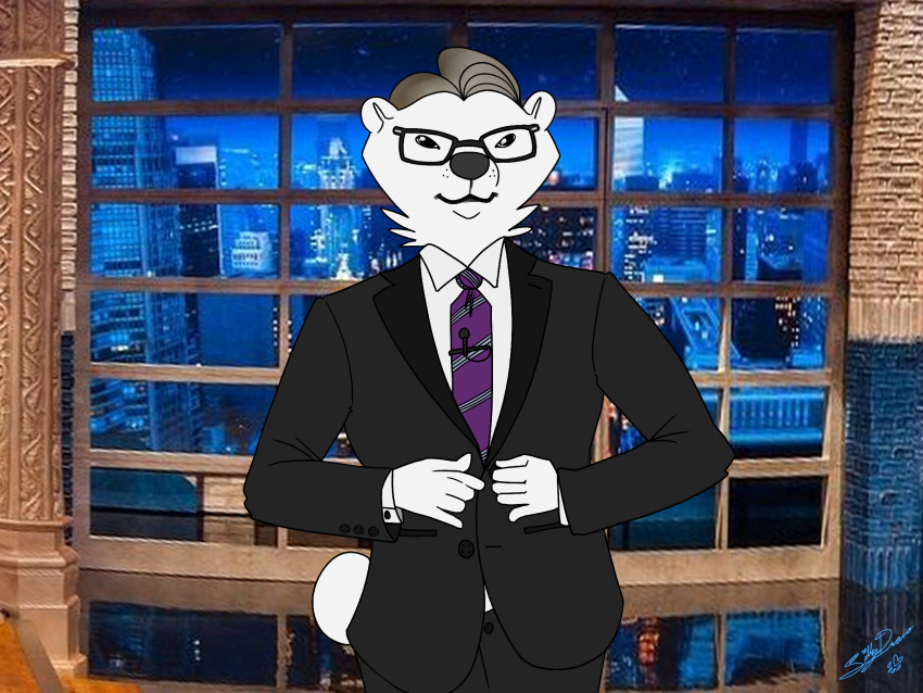 4:3 ambiguous_gender anthro bear black_clothing black_suit clothing electronics eyewear glasses grey_hair hair hi_res looking_at_viewer mammal microphone microphone_wire necktie new_york new_york_city polar_bear purple_necktie sillydraco skyline smile solo stephen_colbert suit talk_show ursine