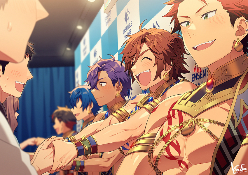 6+boys black_hair blue_hair blush brown_hair chains closed_eyes curtains earrings ensemble_stars! female green_eyes handshake jewelry kiri_futoshi kiryu_kuro male_focus meeting mikejima_madara multiple_boys nagumo_tetora open_mouth otogari_adonis pectorals purple_hair red_hair sazanami_jun short_hair smile