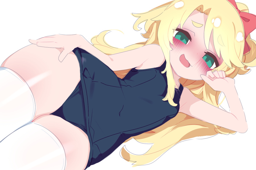 armpit_crease blonde_hair blue_one-piece_swimsuit blush bow covered_navel cowboy_shot curtained_hair elbow_rest feet_out_of_frame female flat_chest furrowed_brow green_eyes hairbow hand_on_own_thigh head_tilt hikimayu himesaka_noa kukuchi581 long_hair looking_at_viewer lying on_side one-piece_swimsuit open_mouth parted_bangs petite ponytail red_bow school_swimsuit short_eyebrows simple_background solo swimsuit thick_thighs thighhighs thighs watashi_ni_tenshi_ga_maiorita! white_background white_thighhighs