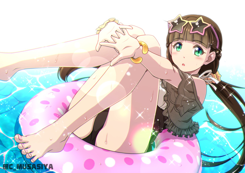 barefoot black_hair blunt_bangs blush bracelet commentary_request eyewear_on_head female floating green_eyes hair_ornament hair_scrunchie highres innertube jewelry knees_up long_hair looking_at_viewer love_live! love_live!_superstar!! musashiya_chougenbou one-piece_swimsuit open_mouth pink_innertube sakurakoji_kinako scrunchie solo star-shaped_eyewear star_(symbol) sunglasses swim_ring swimsuit thighs twintails water_drop wet wrist_scrunchie