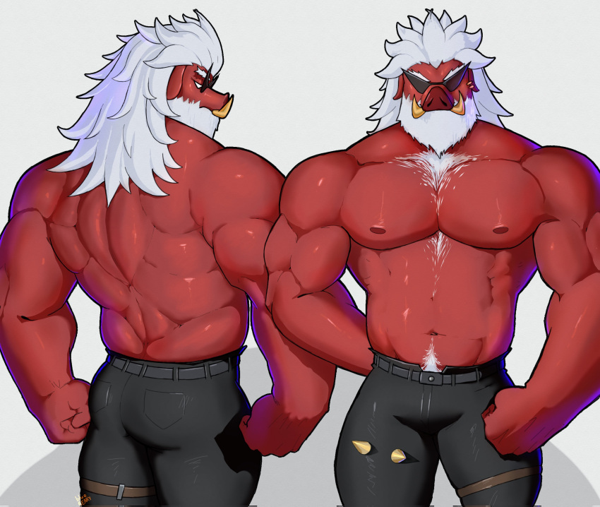 1boy abs absurdres animal_ears arm_behind_back bara big_daddy_(zenless_zone_zero) black_pants bluebeary_sed boar_boy boar_ears clenched_hand earrings english_commentary furry furry_male highres jewelry male_focus multiple_views muscular muscular_male navel nipples pants pectorals sunglasses topless_male tusks white_background white_hair zenless_zone_zero