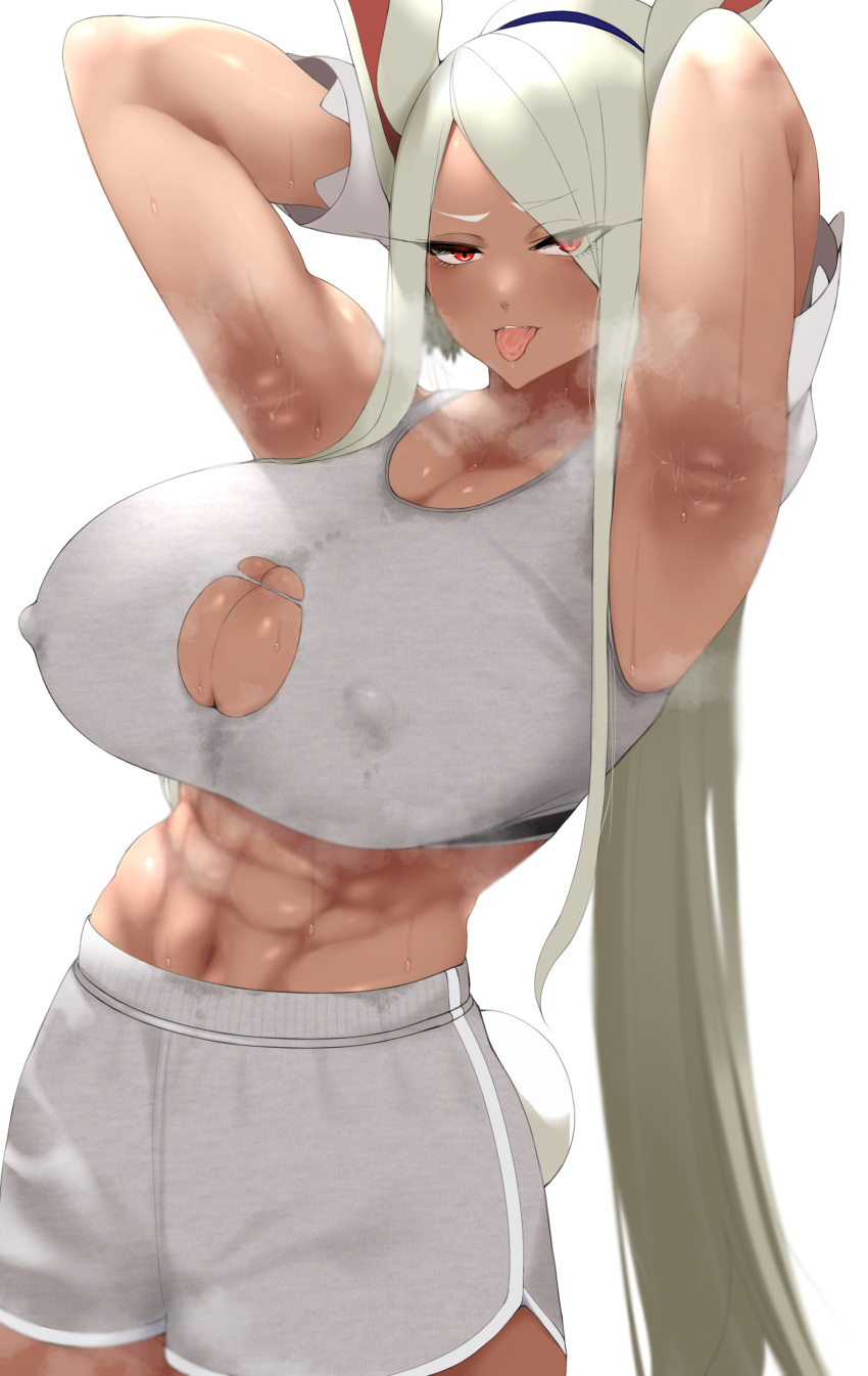 abs absurdres aizawa_marimo animal_ears armpits arms_behind_head arms_up bare_shoulders boku_no_hero_academia breasts cleavage covered_nipples dark-skinned_female dark_skin female gloves grey_shorts grey_sports_bra highres huge_breasts long_eyelashes long_hair looking_at_viewer midriff mirko muscular muscular_female navel parted_bangs ponytail rabbit_ears rabbit_girl rabbit_tail red_eyes shorts smell smile solo sports_bra steaming_body sweat sweaty_armpits sweaty_clothes tail tail_through_clothes tongue tongue_out torn_clothes torn_sports_bra very_long_hair white_background white_gloves white_hair