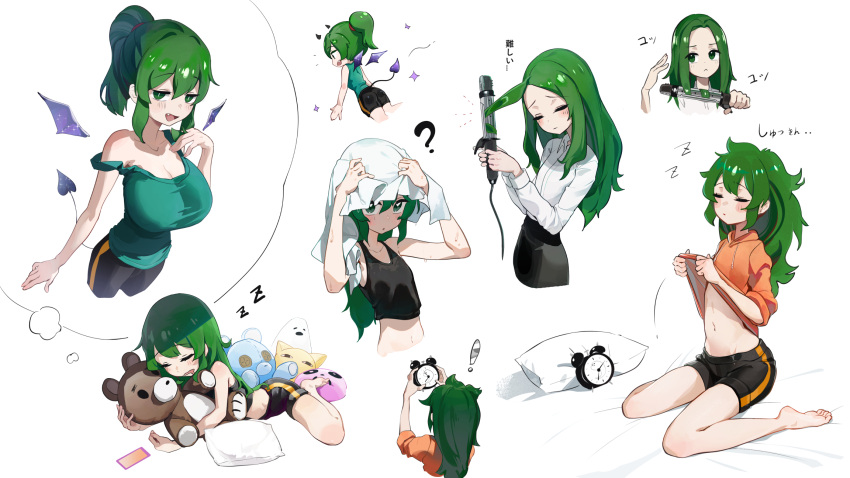 ! ? alarm_clock alternate_breast_size alternate_hairstyle barefoot black_shorts black_skirt black_tank_top breasts clock clothes_lift collared_shirt demon_girl demon_tail demon_wings dreaming dress_shirt drying drying_hair female green_eyes green_hair green_tank_top hair_straightener highres holding_alarm_clock holding_hair_straightener hood hoodie hoodie_lift igarashi_futaba_(shiromanta) large_breasts long_sleeves looking_at_viewer mo0o0rae multiple_girls multiple_views navel office_lady orange_hoodie pillow ponytail senpai_ga_uzai_kouhai_no_hanashi shirt shorts sideways_glance simple_background sitting skirt sleeping sleepy small_breasts stomach straight_hair stuffed_toy tail tank_top towel translation_request wariza wet white_background white_shirt wings zzz