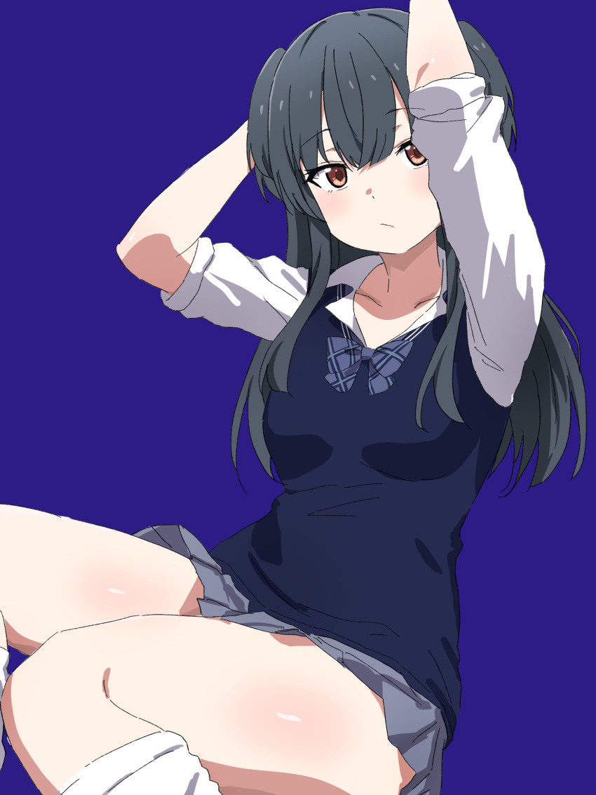 :/ arms_up black_hair blue_background blue_bow blue_sweater_vest blush body_blush borrowed_clothes bow breasts brown_eyes closed_mouth collarbone collared_shirt dot_nose double-parted_bangs feet_out_of_frame female grey_skirt hair_over_shoulder head_tilt highres idolmaster idolmaster_shiny_colors izumi_mei leg_warmers long_hair looking_at_viewer mayuzumi_fuyuko medium_breasts miniskirt misaki_nonaka open_collar plaid_bow pleated_skirt raised_eyebrows shirt simple_background sitting skirt sleeves_rolled_up solo sweater_vest thighs two_side_up white_leg_warmers white_shirt