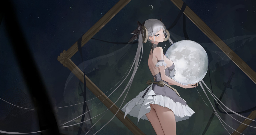 ass bare_shoulders black_bow blunt_bangs bow breasts commentary dress female frilled_dress frills grey_dress grey_eyes grey_hair hair_ornament hairbow highres holding holding_moon long_hair looking_at_viewer moon night oh_(aung_ae) original parted_lips photoshop_(medium) sky solo star_(sky) symbol-only_commentary veil very_long_hair