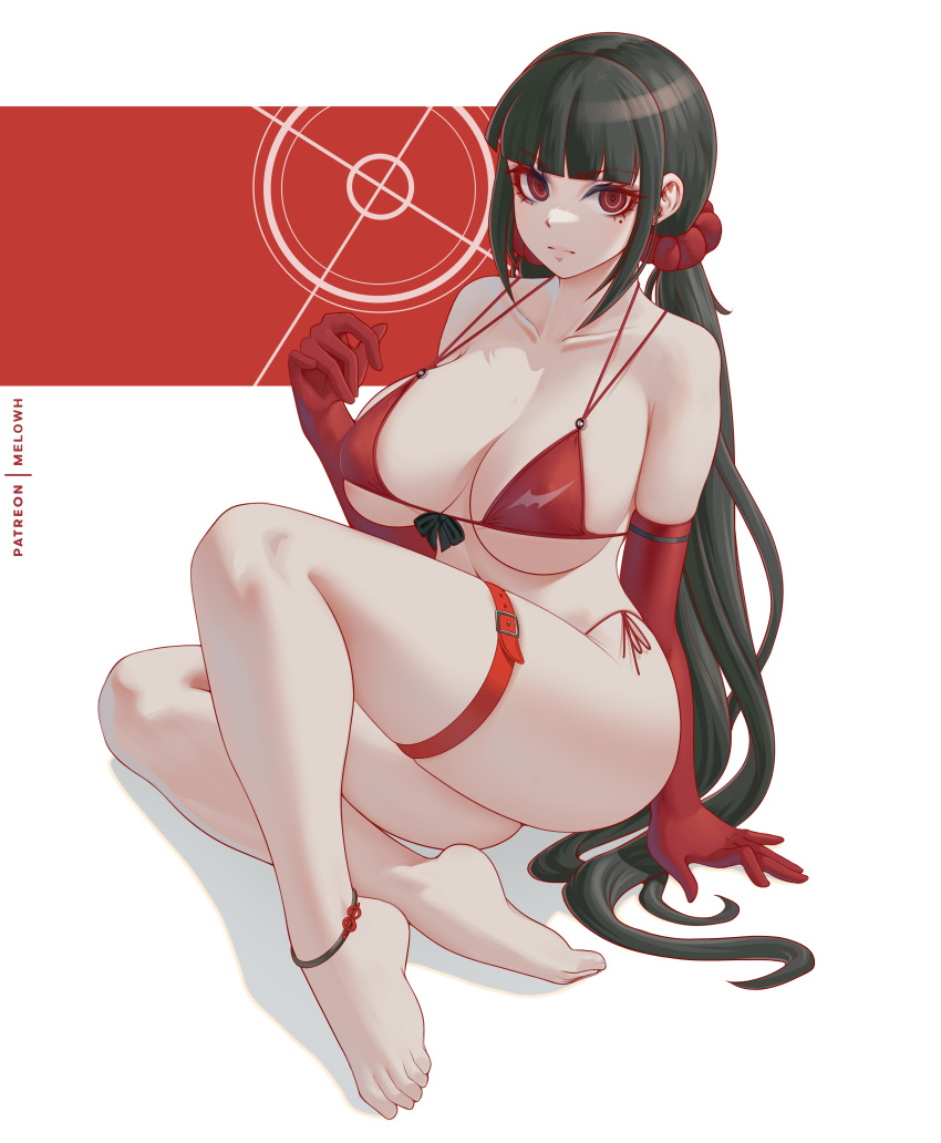 absurdres anklet artist_name bare_shoulders barefoot bikini black_hair blunt_bangs breasts buckle cleavage closed_mouth collarbone danganronpa_(series) danganronpa_v3:_killing_harmony elbow_gloves female full_body gloves hair_ornament hair_scrunchie harukawa_maki highres jewelry large_breasts long_hair looking_at_viewer low_twintails melowh mole mole_under_eye red_bikini red_eyes red_gloves red_ribbon ribbon scrunchie side-tie_bikini_bottom sitting skindentation solo swim_ring swimsuit thigh_strap twintails two-tone_background v-shaped_eyebrows very_long_hair