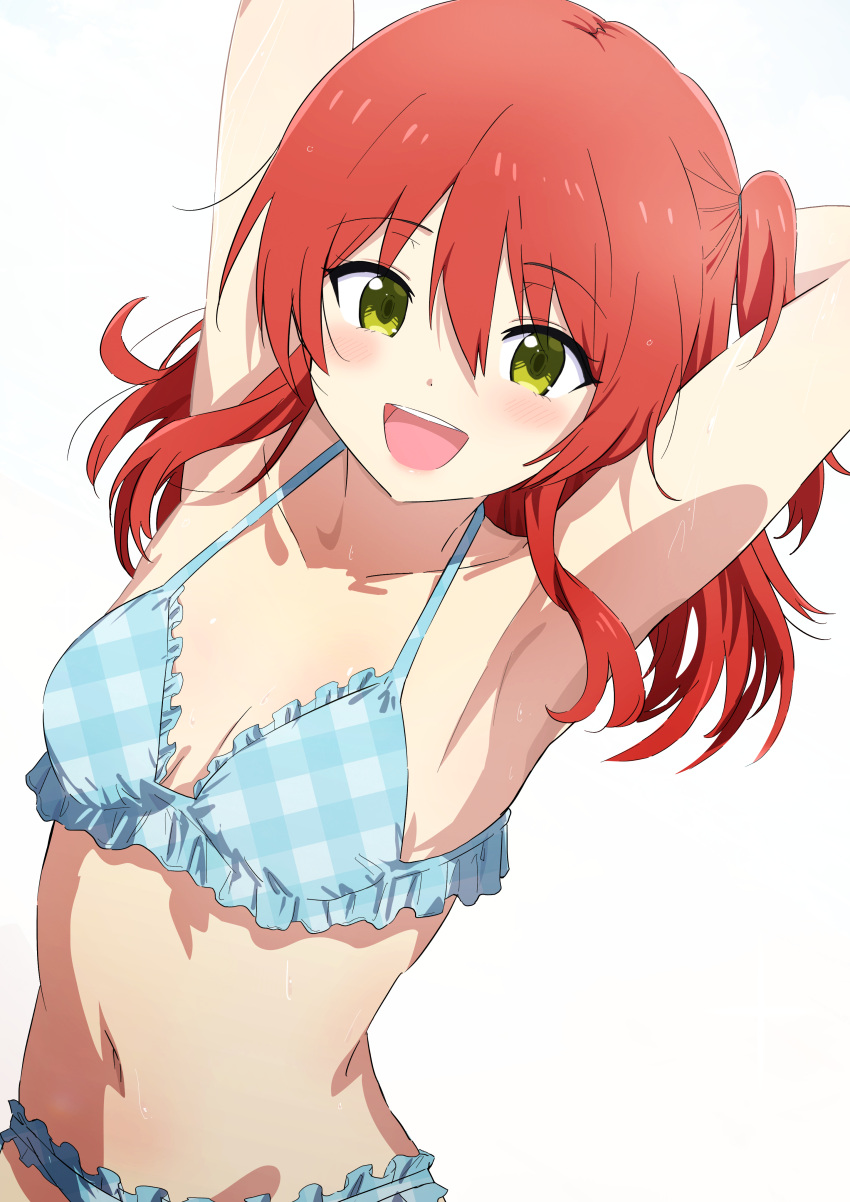 absurdres armpits arms_up bare_shoulders bikini blue_bikini blush bocchi_the_rock! breasts cleavage collarbone female frilled_bikini frills green_eyes hair_between_eyes highres kita_ikuyo long_hair looking_at_viewer misaki_nonaka navel one_side_up open_mouth plaid_bikini plaid_clothes red_hair simple_background small_breasts smile solo sweat swimsuit white_background