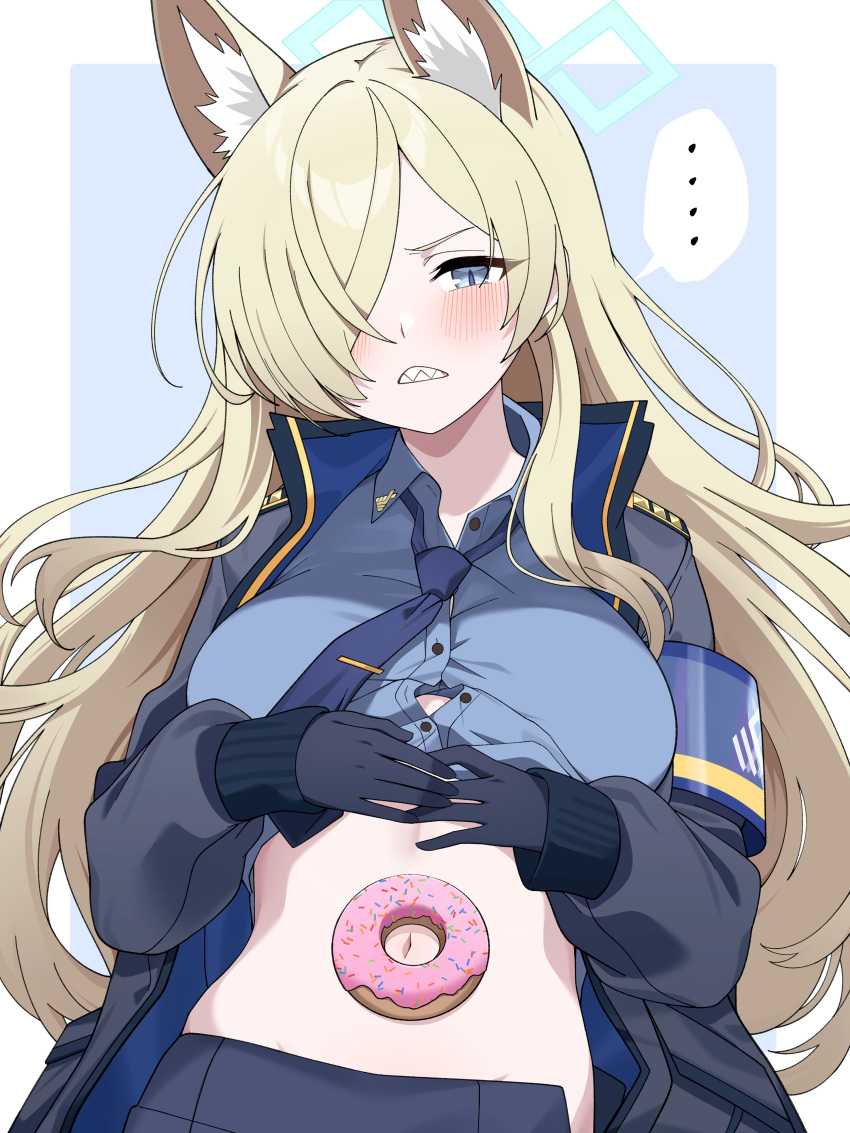 ... absurdres animal_ear_fluff animal_ears armband black_gloves black_jacket blonde_hair blue_archive blue_armband blue_eyes blue_necktie blue_shirt blue_skirt blush breasts clothes_lift commentary dog_ears dog_girl doughnut female food gloves hair_over_one_eye highres hiroikara_(smhong04) jacket kanna_(blue_archive) large_breasts long_hair looking_at_viewer navel necktie shirt shirt_lift skirt solo spoken_ellipsis symbol-only_commentary tie_clip