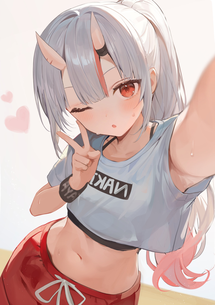 ;o absurdres armpits black_sports_bra black_wristband blush center-flap_bangs character_name commentary cowboy_shot crop_top crop_top_overhang dolphin_shorts dot_nose drawstring female gradient_hair gym_shorts hand_on_own_cheek hand_on_own_face heart high_ponytail highres hololive horns iruka3 long_hair looking_at_viewer midriff multicolored_hair nakiri_ayame navel one_eye_closed oni parted_lips ponytail reaching reaching_towards_viewer red_eyes red_hair red_shorts selfie shirt short_sleeves shorts skin-covered_horns solo sports_bra standing stomach streaked_hair sweat sweatband v virtual_youtuber white_background white_hair white_shirt