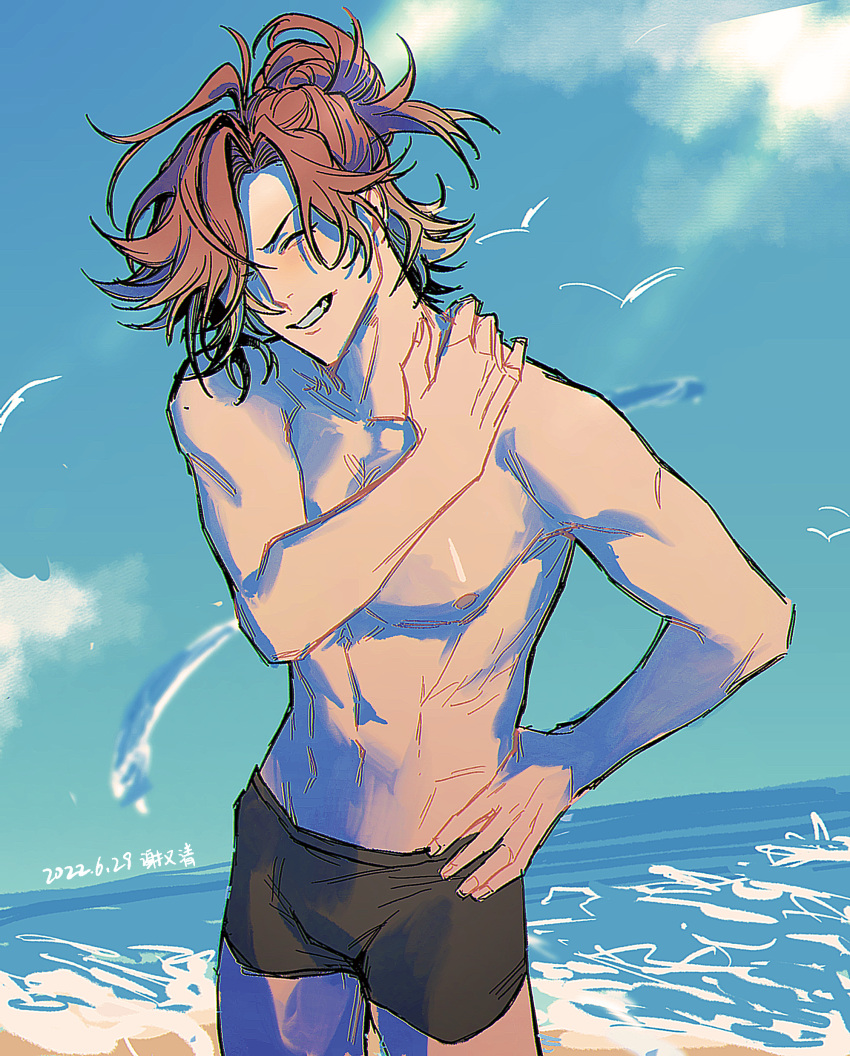 1boy absurdres beach black_male_swimwear blonde_hair blue_sky closed_eyes cloud dated day diabolik_lovers grin hair_over_one_eye hand_on_own_shoulder highres male_focus male_swimwear medium_hair mukami_yuma multicolored_hair nipples ocean outdoors red_hair simple_bird sky smile solo swim_trunks topless_male two-tone_hair variant_set xie_youqing