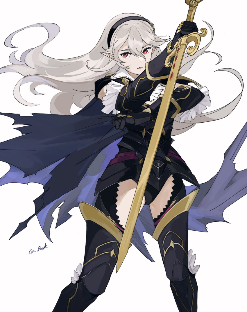 armor armored_leotard black_gloves black_hairband black_leotard blue_cape breasts cape cleavage corrin_(female)_(fire_emblem) corrin_(female)_(nohr_noble)_(fire_emblem) corrin_(fire_emblem) female fire_emblem fire_emblem_fates fire_emblem_heroes floating_hair gauntlets gloves grey_hair hair_between_eyes hairband hashtag-only_commentary highres holding holding_sword holding_weapon leotard long_hair looking_at_viewer medium_breasts nearlydusk official_alternate_costume pointy_ears red_eyes signature simple_background solo sword torn_cape torn_clothes weapon white_background yato_(fire_emblem)