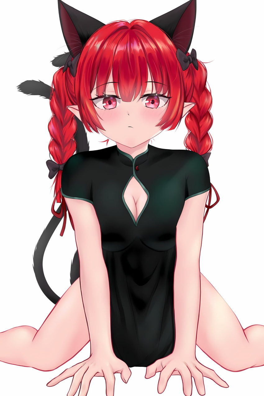 alternate_costume animal_ears black_dress blush braid cat_ears cat_girl cat_tail china_dress chinese_clothes cleavage_cutout closed_mouth clothing_cutout dress extra_ears feet_out_of_frame female hashtag-only_commentary highres kaenbyou_rin long_hair looking_at_viewer multiple_tails nekomata pointy_ears qi_lang3568 red_eyes red_hair short_sleeves side_braids simple_background solo tail touhou twin_braids two_tails white_background