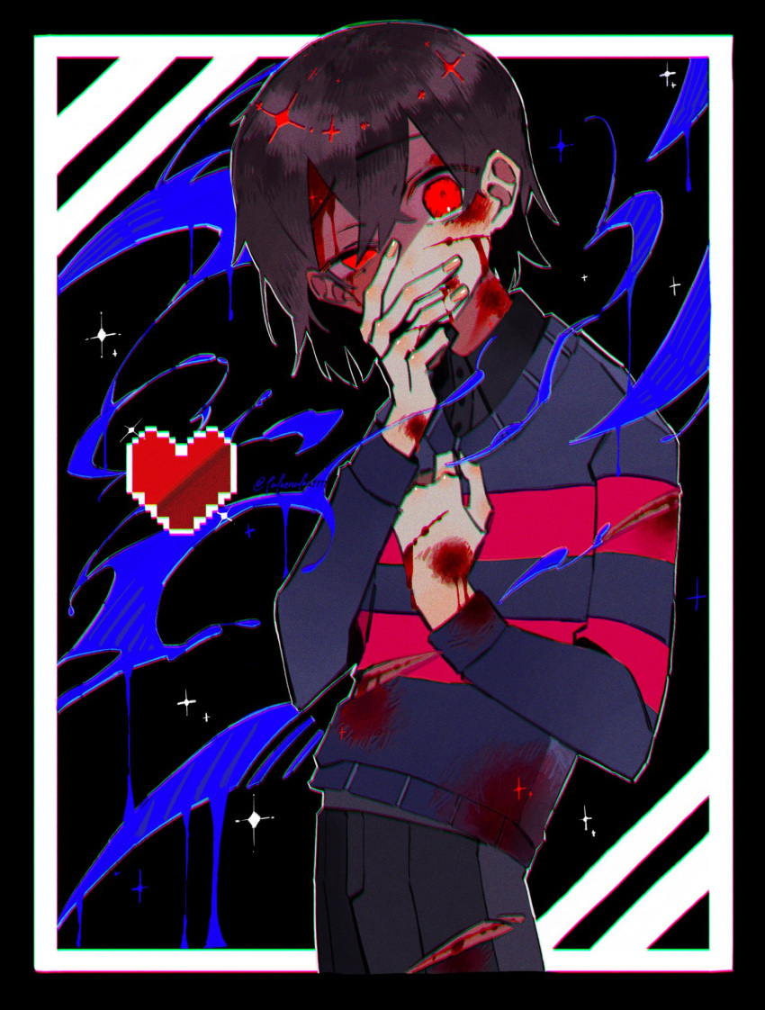 1other black_background black_border black_pants bleeding_from_forehead blood blood_on_clothes blood_on_face blood_on_hands blue_sweater border brown_hair chromatic_aberration collared_shirt commentary covering_own_mouth cowboy_shot crossed_bangs double-parted_bangs english_commentary frisk_(undertale) hair_between_eyes hand_on_own_chest hands_up heart highres long_sleeves looking_at_viewer other_focus pants pink_sweater red_eyes shirt short_hair simple_background solo sparkle striped_clothes striped_sweater sweater takenaka_(takenaka1111) two-tone_sweater undertale uneven_eyes unusually_open_eyes