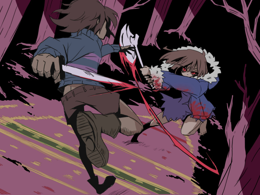 absurdres aliza_(horrortale) androgynous axe blood brown_hair coat fighting forest frisk_(undertale) highres horrortale knife nature red_eyes short_hair striped_clothes tn_scallion undertale