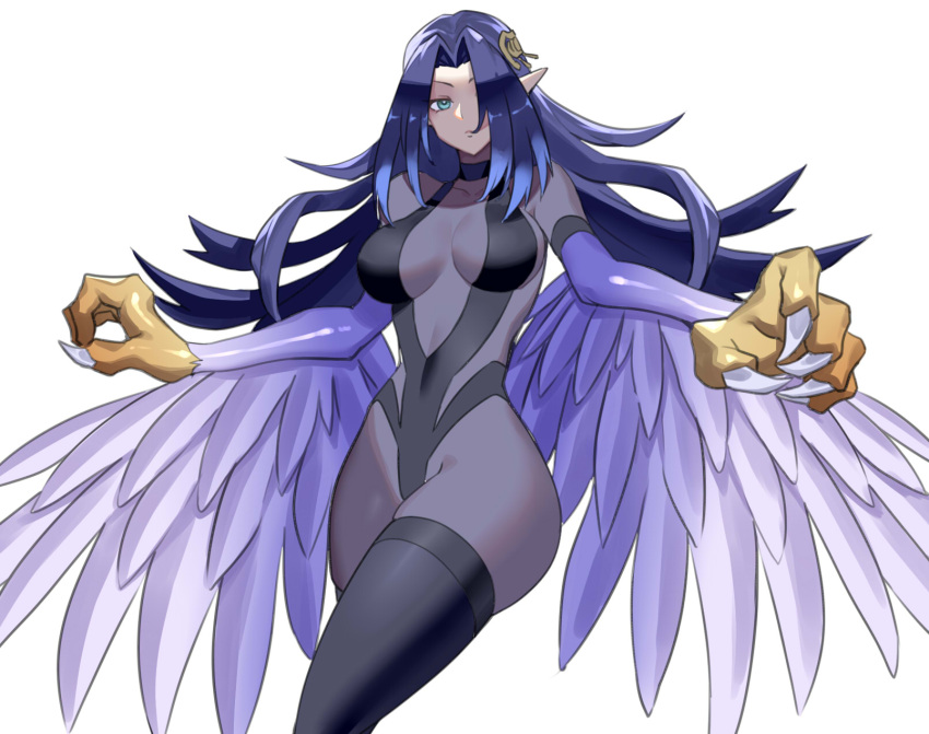 black_one-piece_swimsuit black_thighhighs blue_eyes blue_hair bodystocking breasts claws collarbone covered_collarbone cowboy_shot duel_monster female hair_over_one_eye harpie_regina highres large_breasts long_hair one-piece_swimsuit pointy_ears skindentation solo swimsuit talons thighhighs ukimukai winged_arms wings yu-gi-oh!_rush_duel