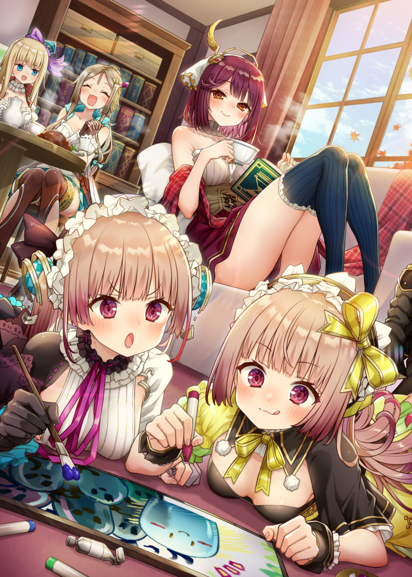 5girls :3 :d :q alt_(ctrldel) angry atelier_(series) atelier_lydie_&_suelle bare_shoulders between_legs black_gloves blonde_hair blue_eyes blush bookshelf bow breast_press breasts cleavage closed_eyes corset couch cup excited firis_mistlud from_below full_body gloves gradient_hair green_hair hair_ribbon hairband hairbow hands_up happy headscarf highres holding holding_cup ilmeria_von_leinweber indoors knees_together_feet_apart legs light_brown_hair lolita_hairband long_hair looking_at_another looking_at_viewer looking_down lydie_malen lying medium_breasts medium_hair multicolored_hair multiple_girls on_couch on_ground on_stomach orange_eyes own_hands_together painting_(action) pink_eyes pink_hair red_hair red_skirt ribbon shirt siblings side_ponytail sideless_shirt single_glove sisters sitting skirt small_breasts smile sophie_neuenmuller striped_clothes striped_thighhighs suelle_malen tea thighhighs thighs tongue tongue_out twins two-tone_dress very_long_hair white_shirt