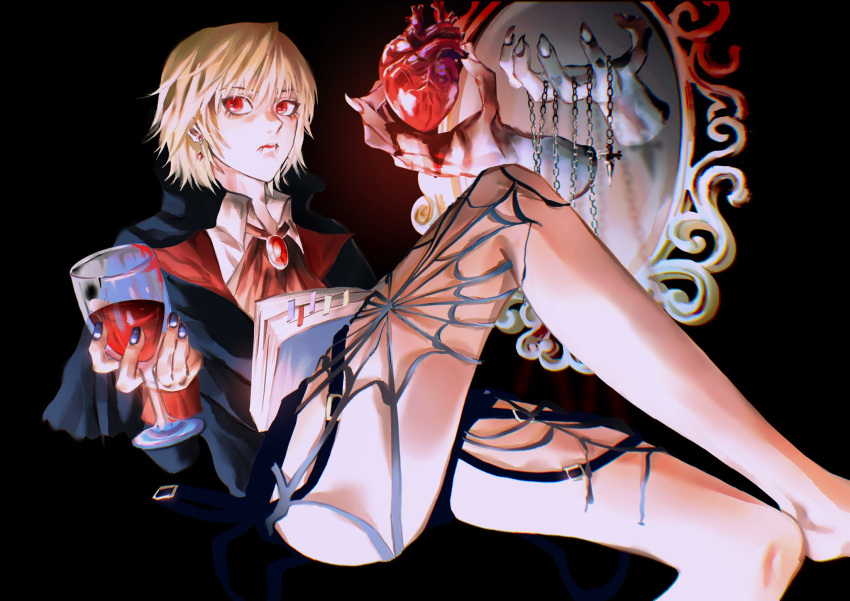 1boy androgynous belt black_cloak blonde_hair brooch chains chinyu11988612 cloak closed_mouth cup drinking_glass earrings eyelashes fangs full_body heart_(organ) highres hunter_x_hunter jewelry kurapika looking_to_the_side male_focus medium_hair mirror nail_polish red_eyes silk simple_background solo spider_web thighs wine_glass