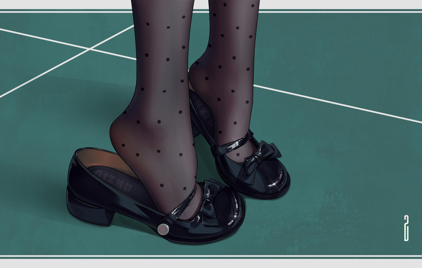 artist_name black_bow black_footwear black_pantyhose bow chinese_commentary commentary_request feet feet_only female foot_focus footwear_focus green_background heel_pop high_heels highres original paid_reward_available pantyhose print_pantyhose qizhu solo tiptoes