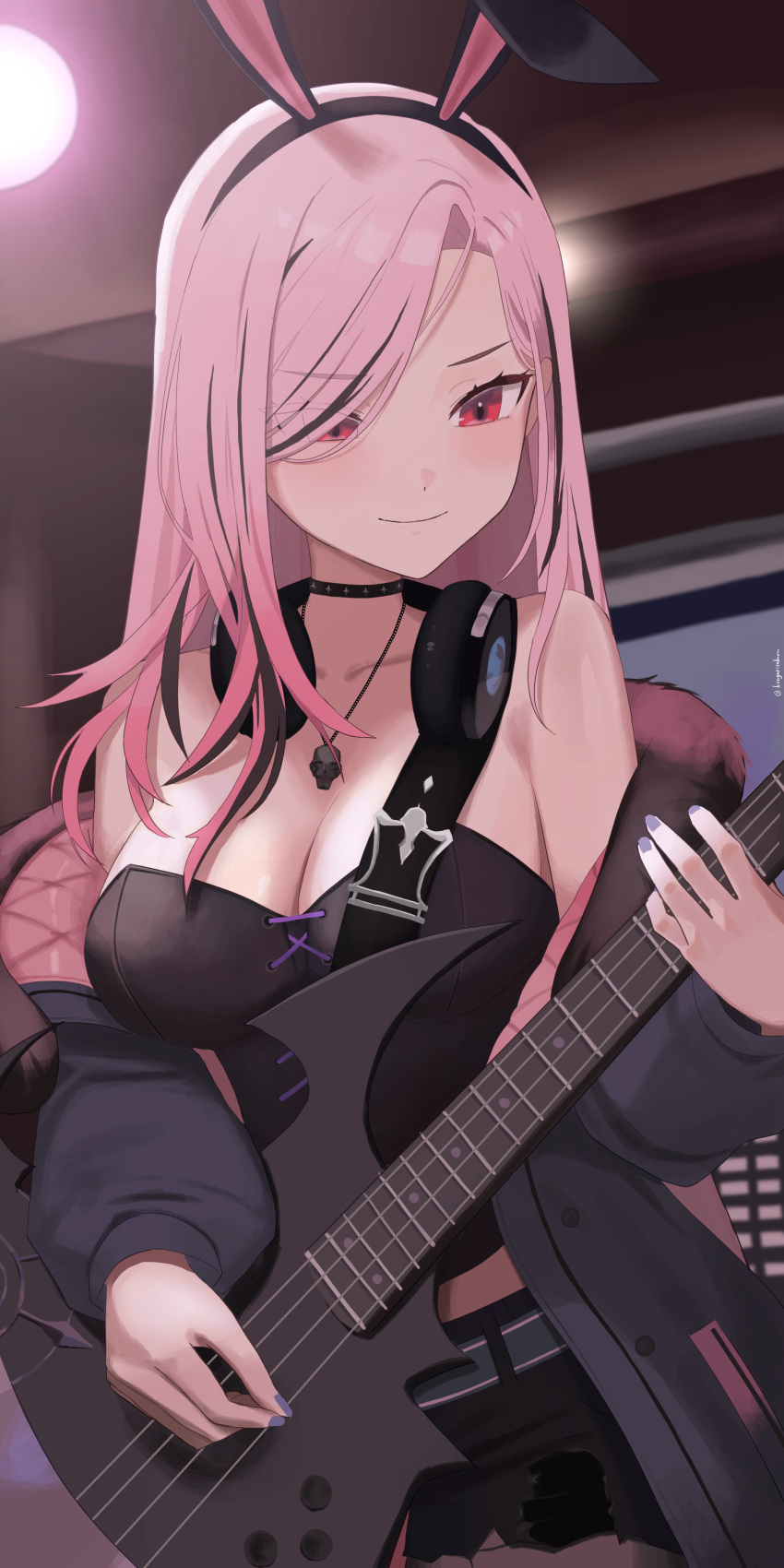 absurdres animal_ear_hairband animal_ears bass_guitar black_hair blue_nails breasts choker cleavage closed_mouth electric_bass_guitar fake_animal_ears female hairband headphones headphones_around_neck highres hololive hololive_english instrument kongarisalmon large_breasts long_hair mori_calliope mori_calliope_(9th_costume) multicolored_hair music official_alternate_costume official_alternate_hairstyle pink_hair playing_instrument rabbit_ear_hairband rabbit_ears red_eyes smile solo streaked_hair virtual_youtuber