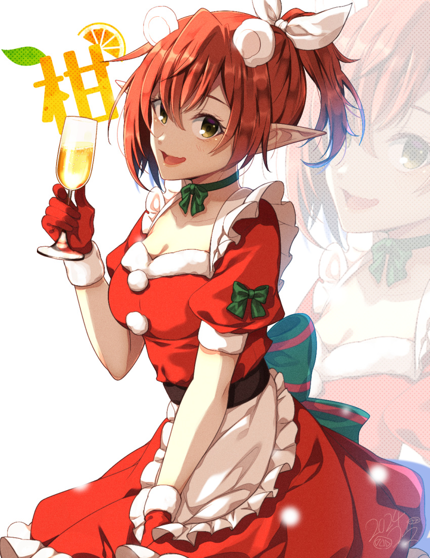 alternate_costume animal_ears apron bear_ears breasts christmas cleavage cup dress fake_animal_ears female goblin_slayer! highres holding holding_cup kankitukou medium_breasts pointy_ears red_dress red_hair rhea_fighter_(goblin_slayer!) santa_dress short_hair simple_background solo white_apron white_background yellow_eyes zoom_layer