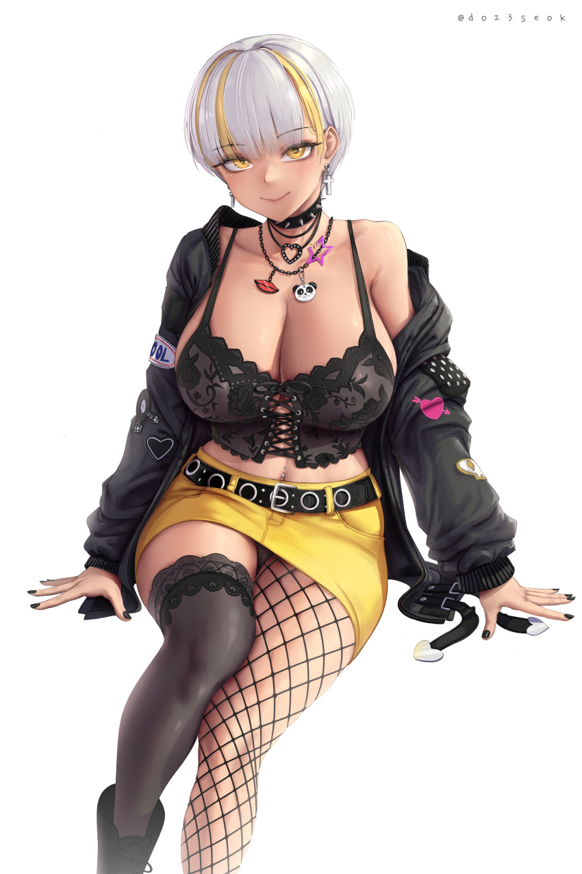 absurdres belt black_belt black_choker black_footwear black_jacket black_nails black_panties blonde_hair boots breasts choker cleavage closed_mouth collarbone cross cross-laced_clothes cross_earrings earrings female fishnet_pantyhose fishnets grey_hair heart heart_necklace highres indie_virtual_youtuber jacket jewelry large_breasts lips multicolored_hair navel_piercing necklace open_clothes open_jacket panda_ornament panties pantyhose pantyshot park_dona piercing single_leg_pantyhose single_thighhigh skirt smile solo spiked_choker spikes star_(symbol) star_necklace streaked_hair suk_j tan thighhighs underwear virtual_youtuber yellow_eyes yellow_skirt