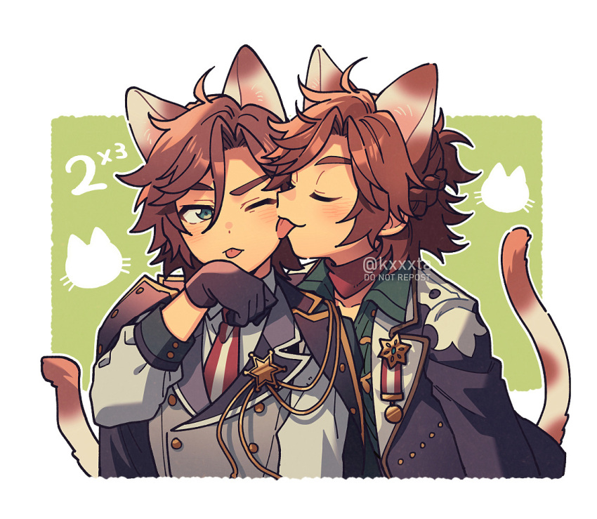 2boys animal_ears black_gloves black_jacket border brown_hair cat_boy cat_ears cat_tail clone collarbone ensemble_stars! gloves green_eyes green_shirt grey_jacket jacket kemonomimi_mode kiri_futoshi licking male_focus mikejima_madara multiple_boys necktie one_eye_closed paw_pose selfcest shirt short_hair tail white_border yaoi