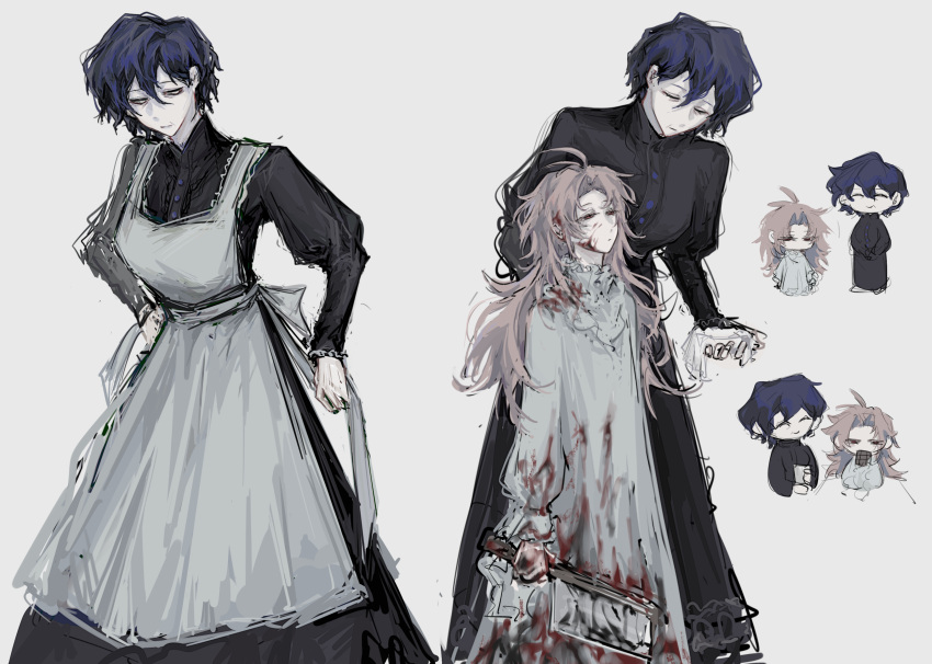 2girls absurdres alternate_costume apron black_dress blood blood_in_hair blood_on_clothes blood_on_face blood_on_weapon blue_hair breasts chibi cleaver closed_eyes closed_mouth dark_blue_hair dress enmaided expressionless genderswap_(mtf) grey_background hatsutori_hajime highres holding holding_weapon juliet_sleeves large_breasts long_sleeves maid maid_apron multiple_girls multiple_views pale_skin puffy_sleeves red_eyes rule_63 saibou_shinkyoku short_hair simple_background smile time_paradox utsugi_noriyuki weapon white_apron white_dress xiaobuou314