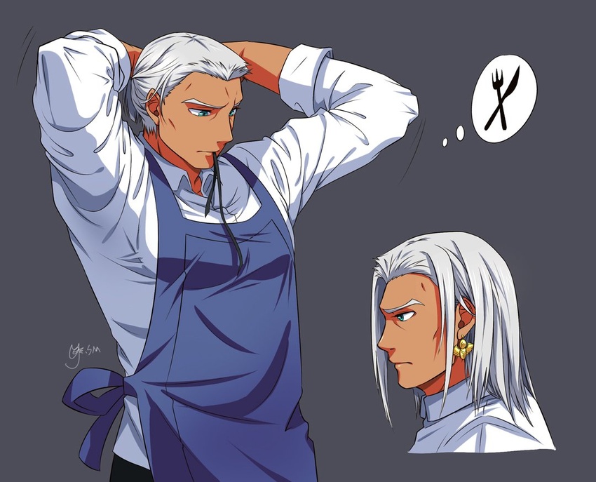 1boy apron artist_name commentary_request dark-skinned_male dark_skin dedue_molinaro earrings fire_emblem fire_emblem:_three_houses green_eyes grey_background jewelry long_hair male_focus shumai_(sm318) solo white_hair