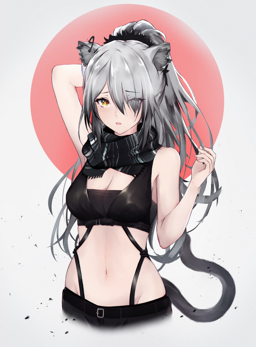 absurdres adore_(adoredesu) animal_ear_fluff animal_ears arknights arm_behind_head arm_up bare_arms bare_shoulders black_scarf breasts brown_eyes cat_ears cat_tail circle cleavage commentary crop_top female grey_background grey_hair groin hair_over_one_eye hand_up highres long_hair looking_at_viewer medium_breasts midriff navel parted_lips scarf schwarz_(arknights) simple_background sleeveless solo stomach tail upper_body